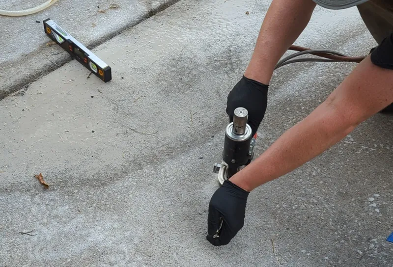 Polyurethane foam being injected beneath settled concrete
